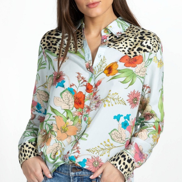 Johnny Was Liliana Silk Western Animal Print & Floral Button Down Shirt - Picture 1 of 16